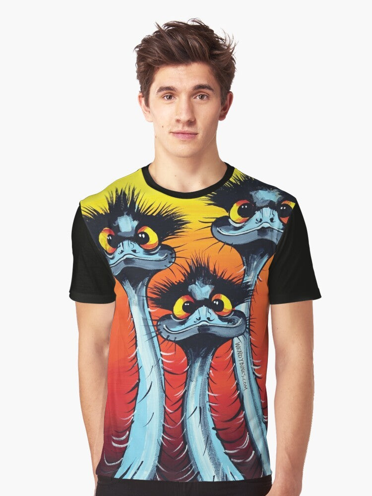 A graphic t-shirt featuring a quirky emu design with the text "We Didn't Do It!" - Men