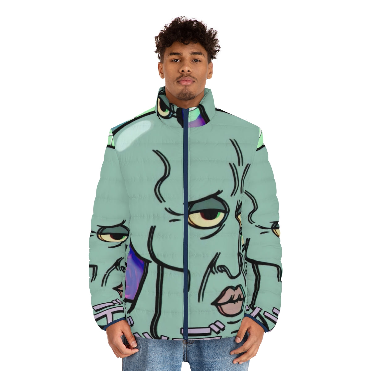 Handsome Squidward Vaporwave Aesthetic Puffer Jacket - Spongebob Squarepants inspired fashion - men front