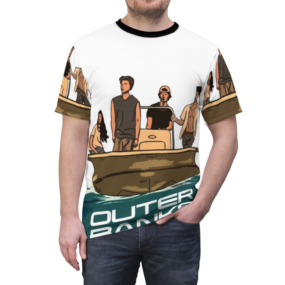 Coastal-inspired Outer Banks tribute t-shirt featuring key characters and icons from the popular Netflix series - men front