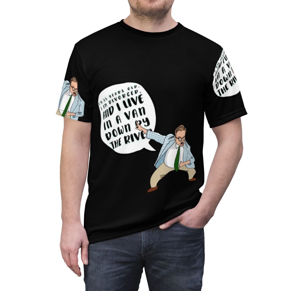 Illustration of Chris Farley as the iconic motivational speaker character Matt Foley on a t-shirt - men front