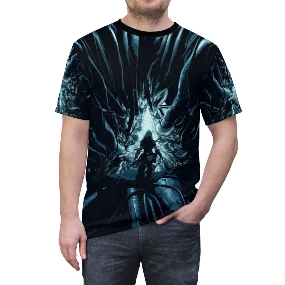 Stylized image of a futuristic mecha-inspired design with Horizon Zero Dawn inspired elements on a t-shirt. - men front