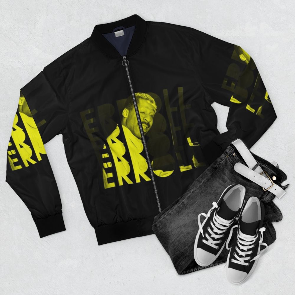 Erroll Garner Jazz Musician Bomber Jacket with Yellow Wave Lettering Design - Flat lay