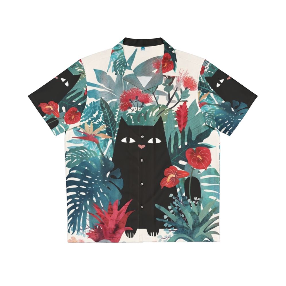 Popoki Tropical Cat Hawaiian Shirt with Floral and Cat Print Design