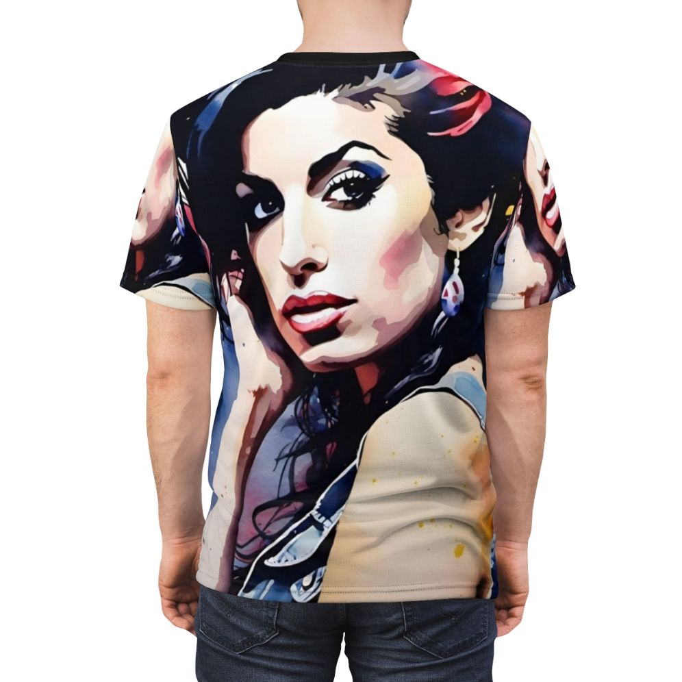 Watercolor art t-shirt featuring a portrait of singer-songwriter Amy Winehouse - men back