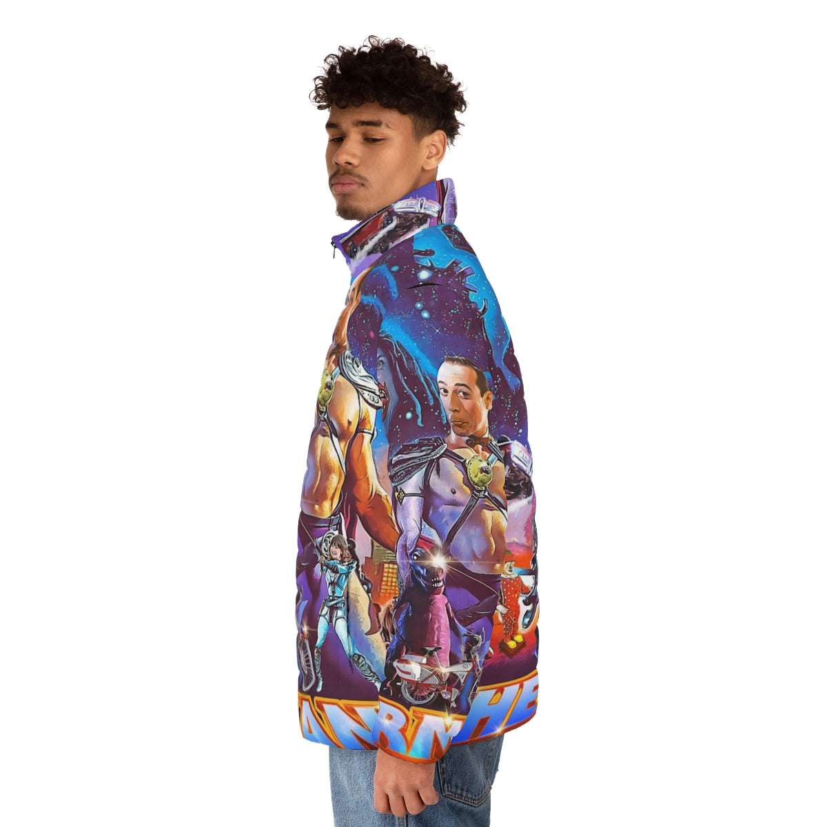 Peewee Harman-inspired puffer jacket with Masters of the Universe graphics - men side left