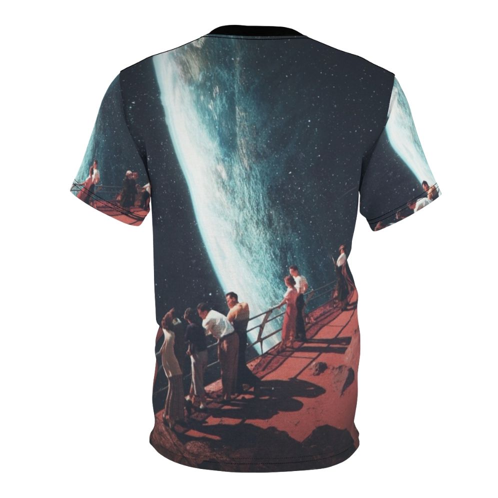 Retro future surreal collage t-shirt featuring a vintage-inspired space exploration design with planets, stars, and a sense of nostalgia. - Back