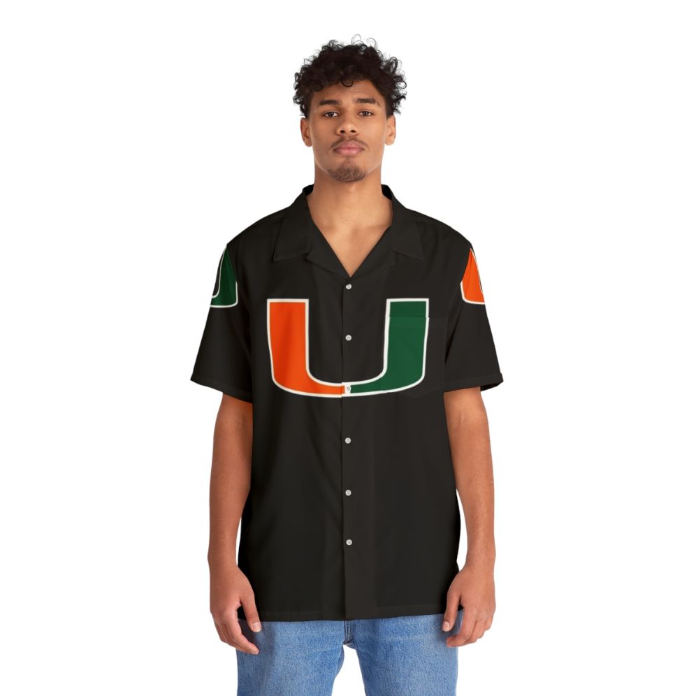 Miami Hurricanes Hawaiian shirt with tropical logo print - People Front