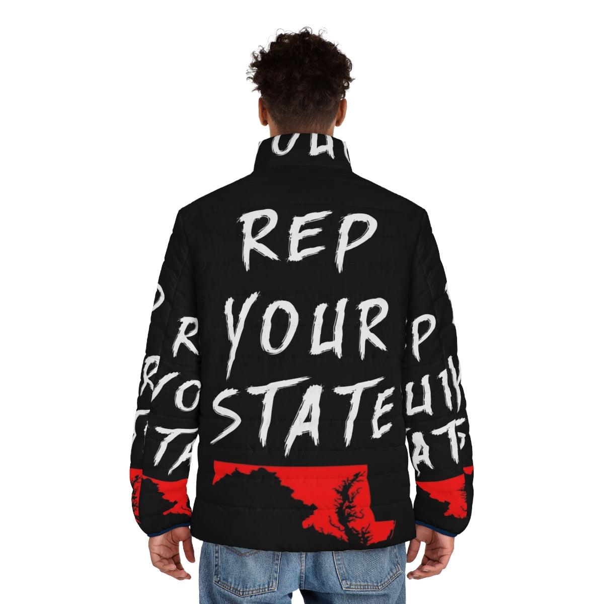 Maryland state puffer jacket with text "Rep Your State" - men back