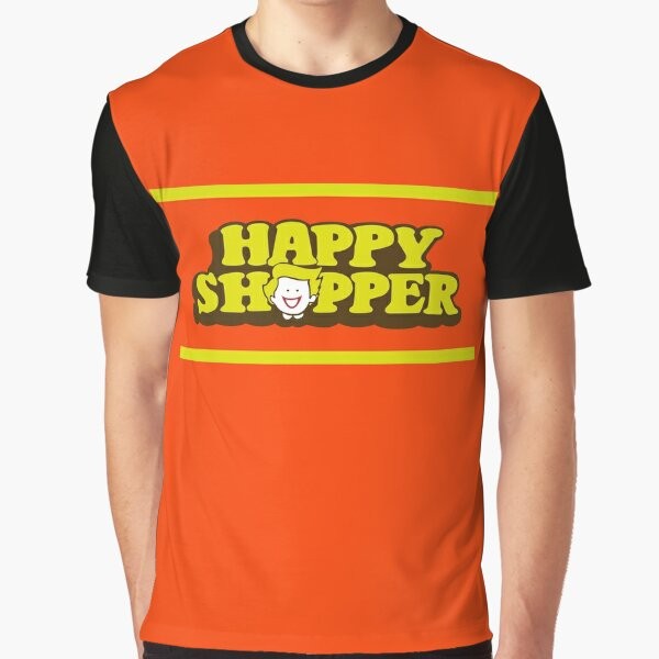 "Retro 'Happy Shopper' graphic t-shirt with vintage typography and working class style"