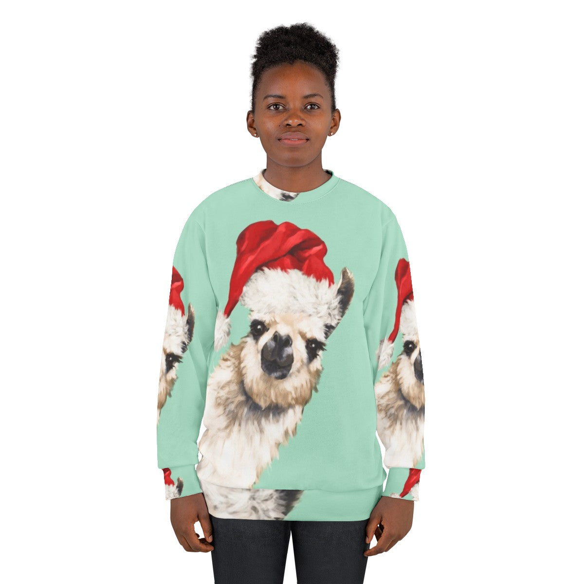 Cozy green Christmas llama sweatshirt - women