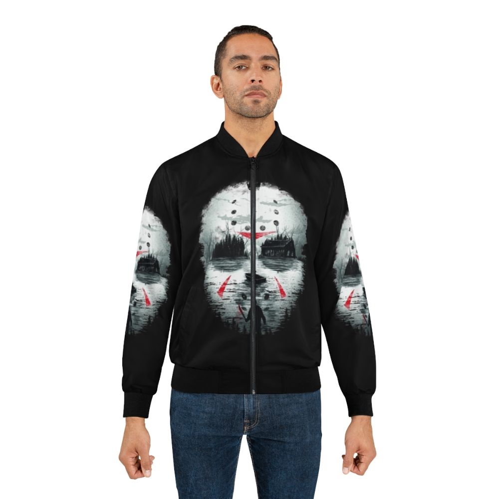 A stylish bomber jacket featuring an illustration of the iconic Friday the 13th horror movie character Jason. - Lifestyle