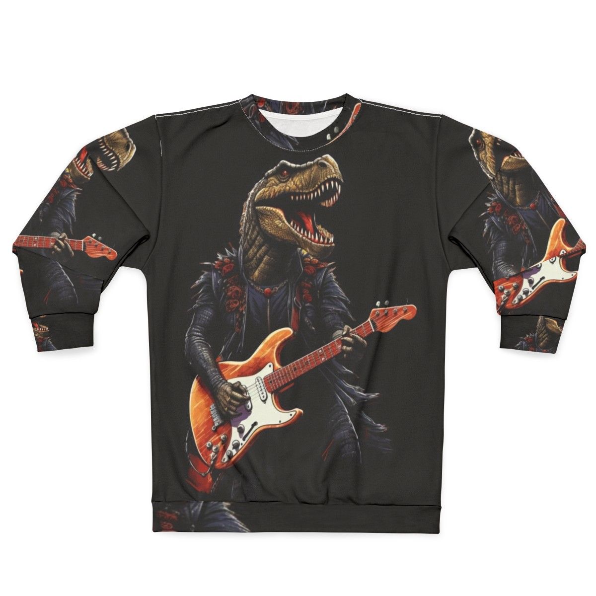 Dinosaur playing guitar illustration on a sweatshirt