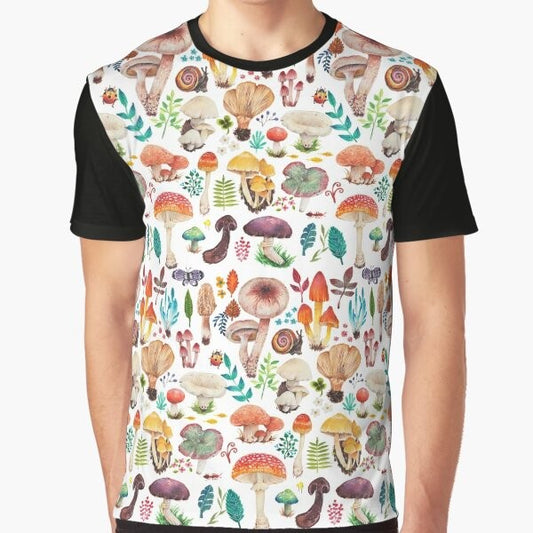 A whimsical and colorful graphic t-shirt featuring a hand-drawn pattern of delicate fungus and botanical elements against a white background.