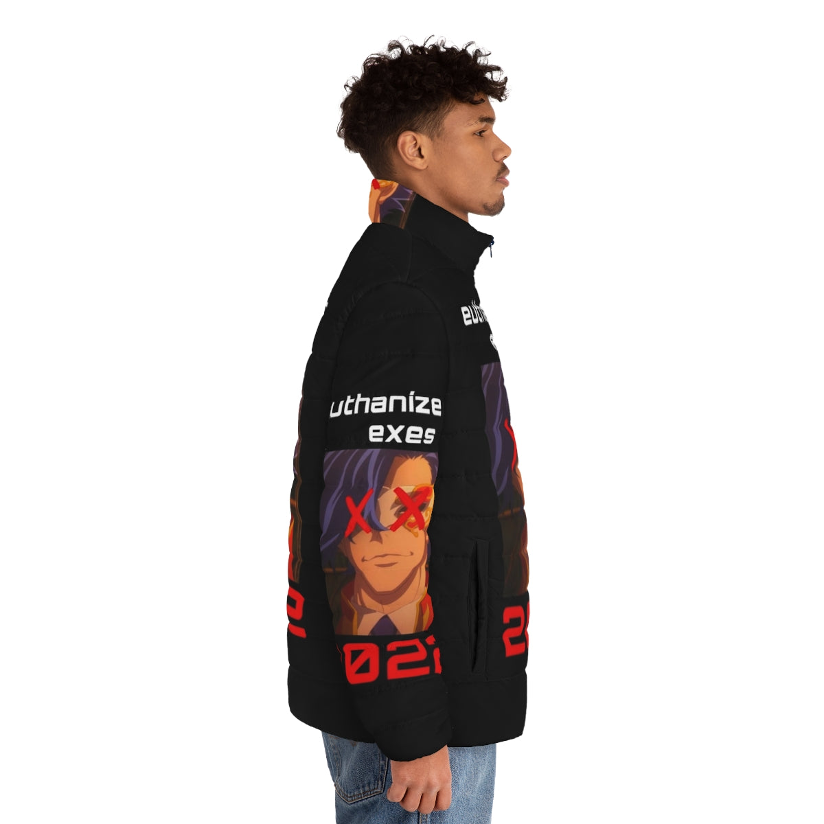 Anime-inspired puffer jacket with Sk8 the Infinity graphic design - men side right