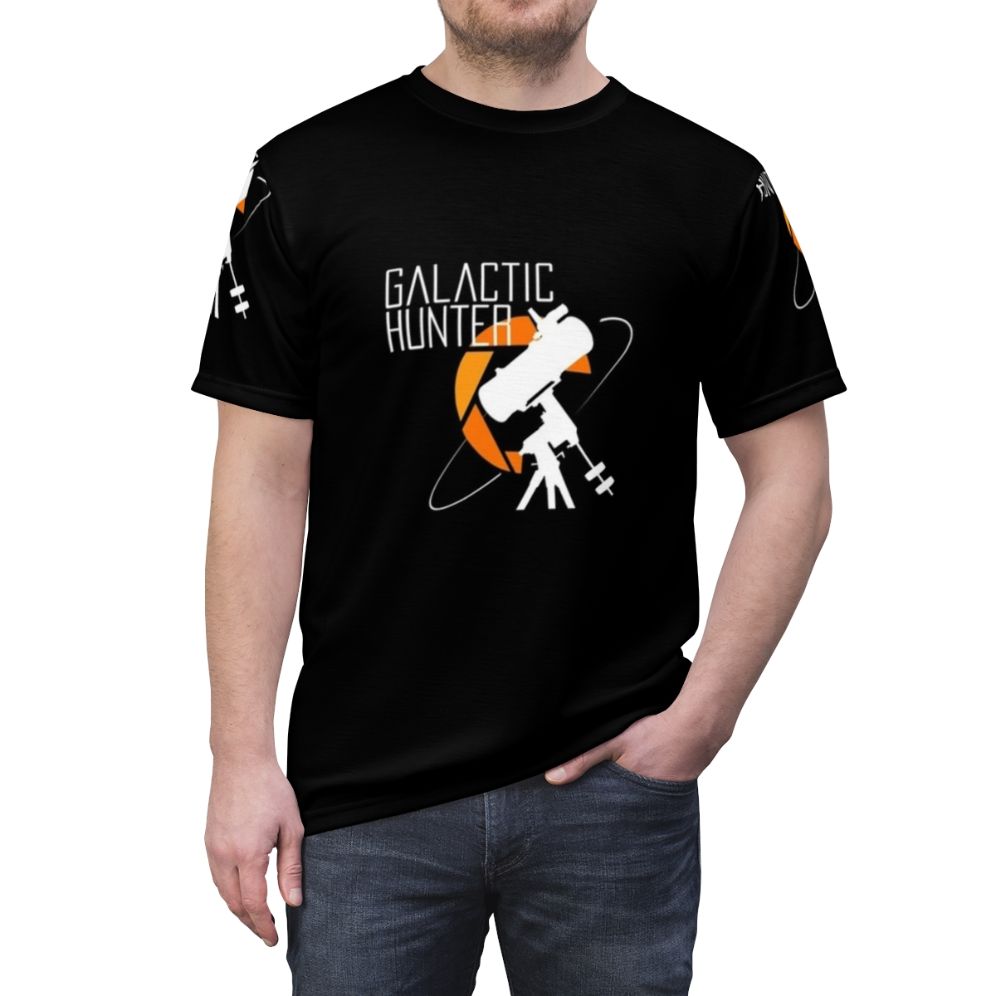 Galactic Hunter logo design on a high-quality t-shirt for astrophotography and space enthusiasts. - men front