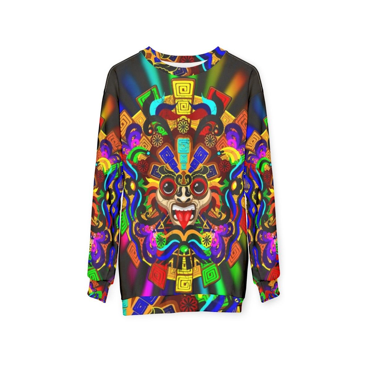 Aztec warrior mask sweatshirt with vibrant rainbow colors - hanging