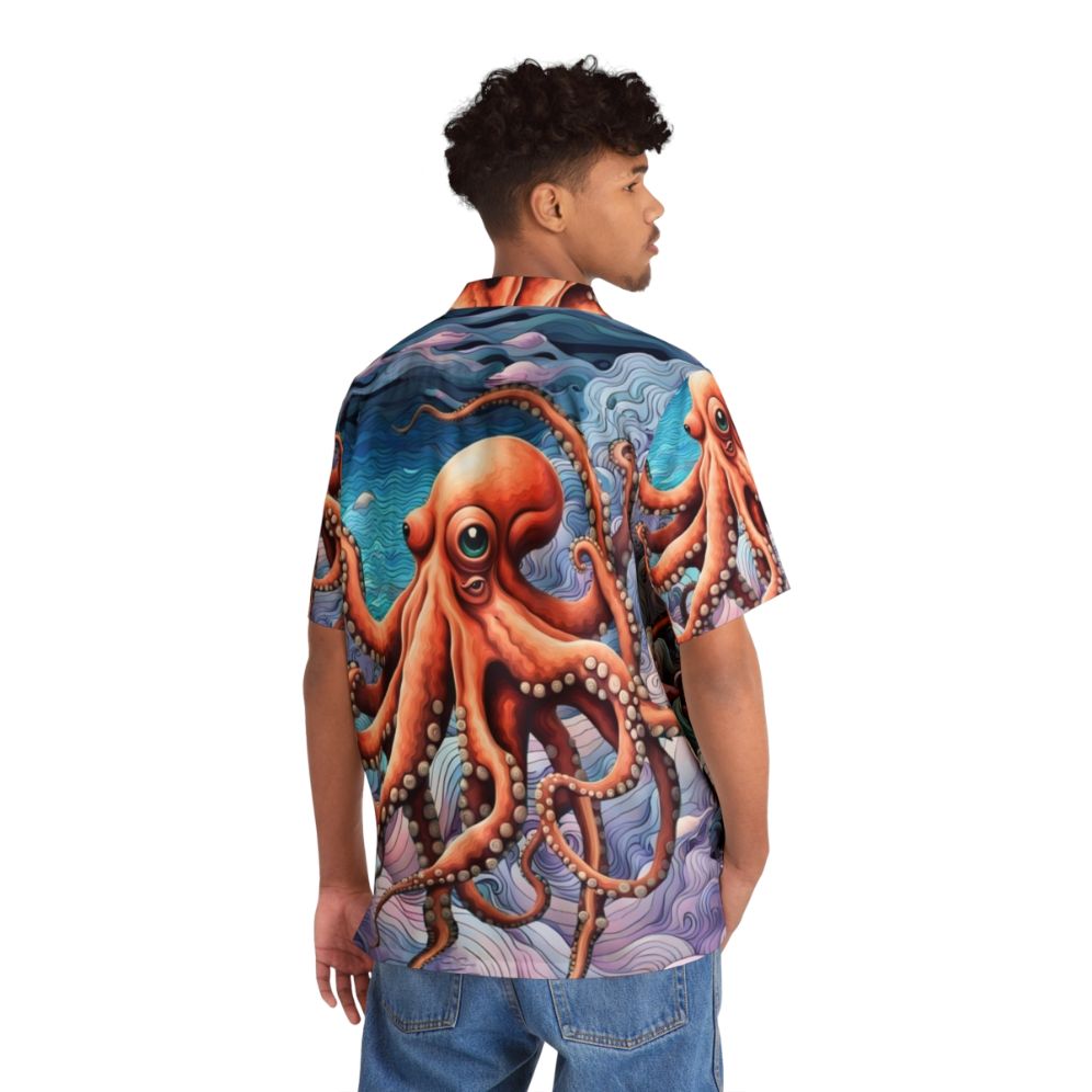 Abstract octopus Hawaiian shirt with colorful tropical pattern - Flat lay