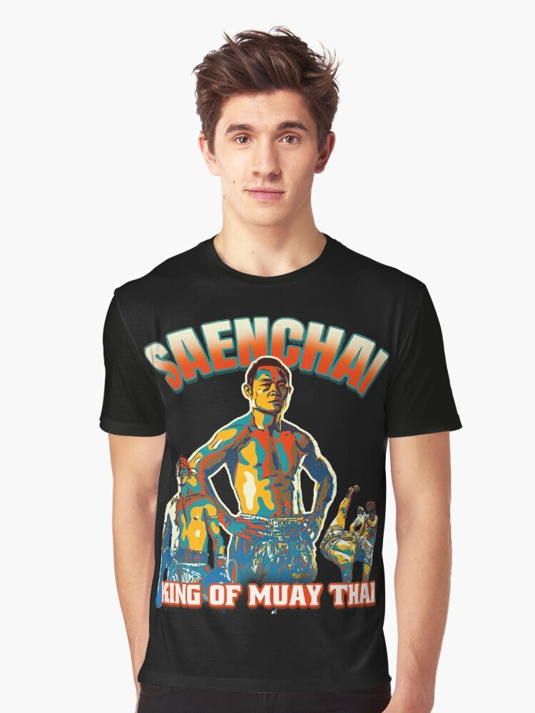 Saenchai, the legendary Muay Thai kickboxing champion, depicted in a graphic design on a t-shirt - Men