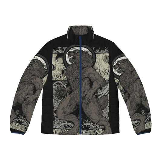 A warm and stylish puffer jacket featuring a wolf and skull design, perfect for the cold winter months.