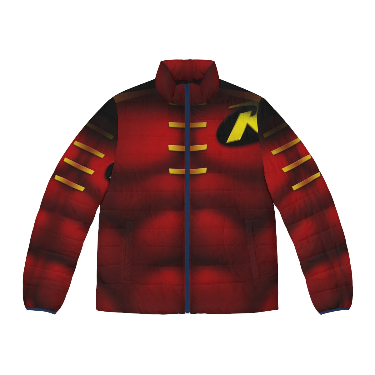 A vibrant puffer jacket featuring a superhero art design of the iconic character Red Robin.