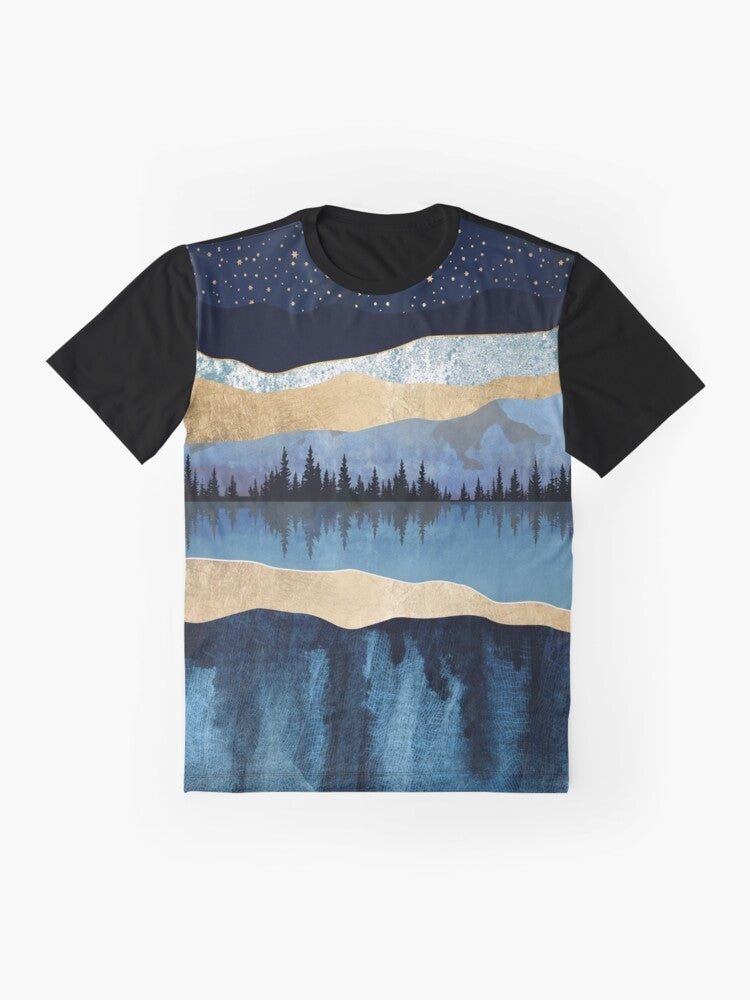 Midnight Lake Graphic T-Shirt featuring a serene abstract landscape with a night sky, trees, and water reflection - Flat lay