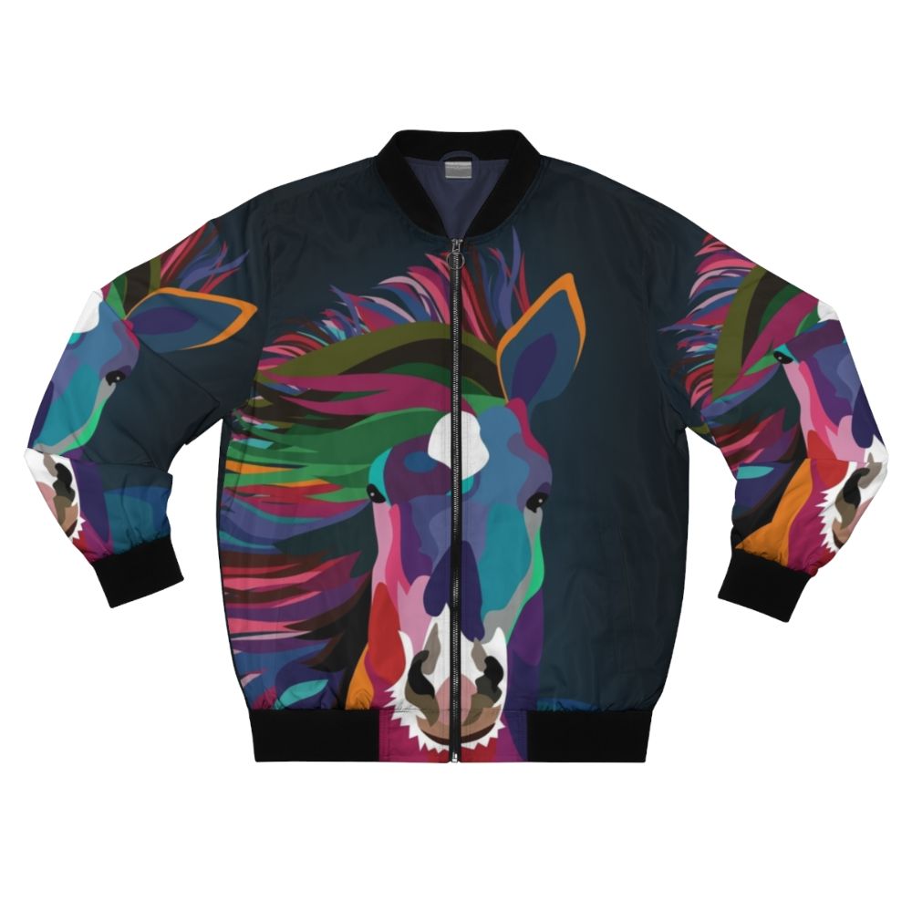 Vibrant abstract horse design on a modern bomber jacket