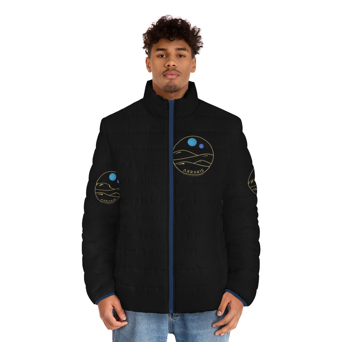 Dune-inspired Arrakis puffer jacket with desert landscape and two moons - men front