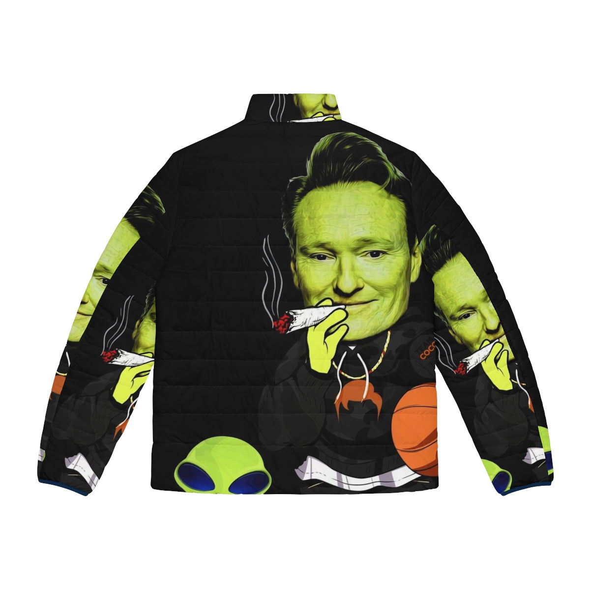 Team Coco Out of Space Puffer Jacket featuring an alien and space-themed design - Back