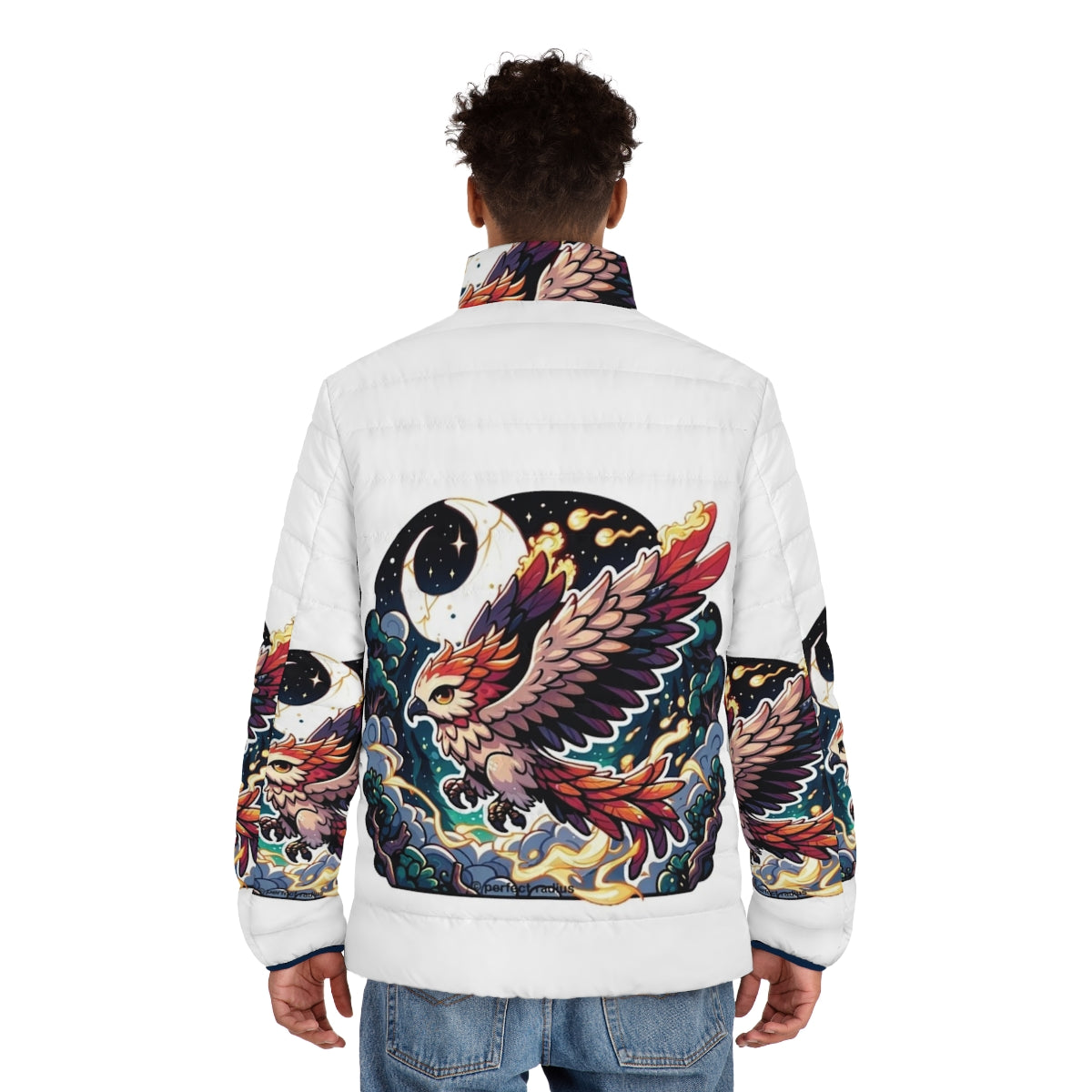 Mythical phoenix and thunderhawk design on a cozy fantasy puffer jacket - men back