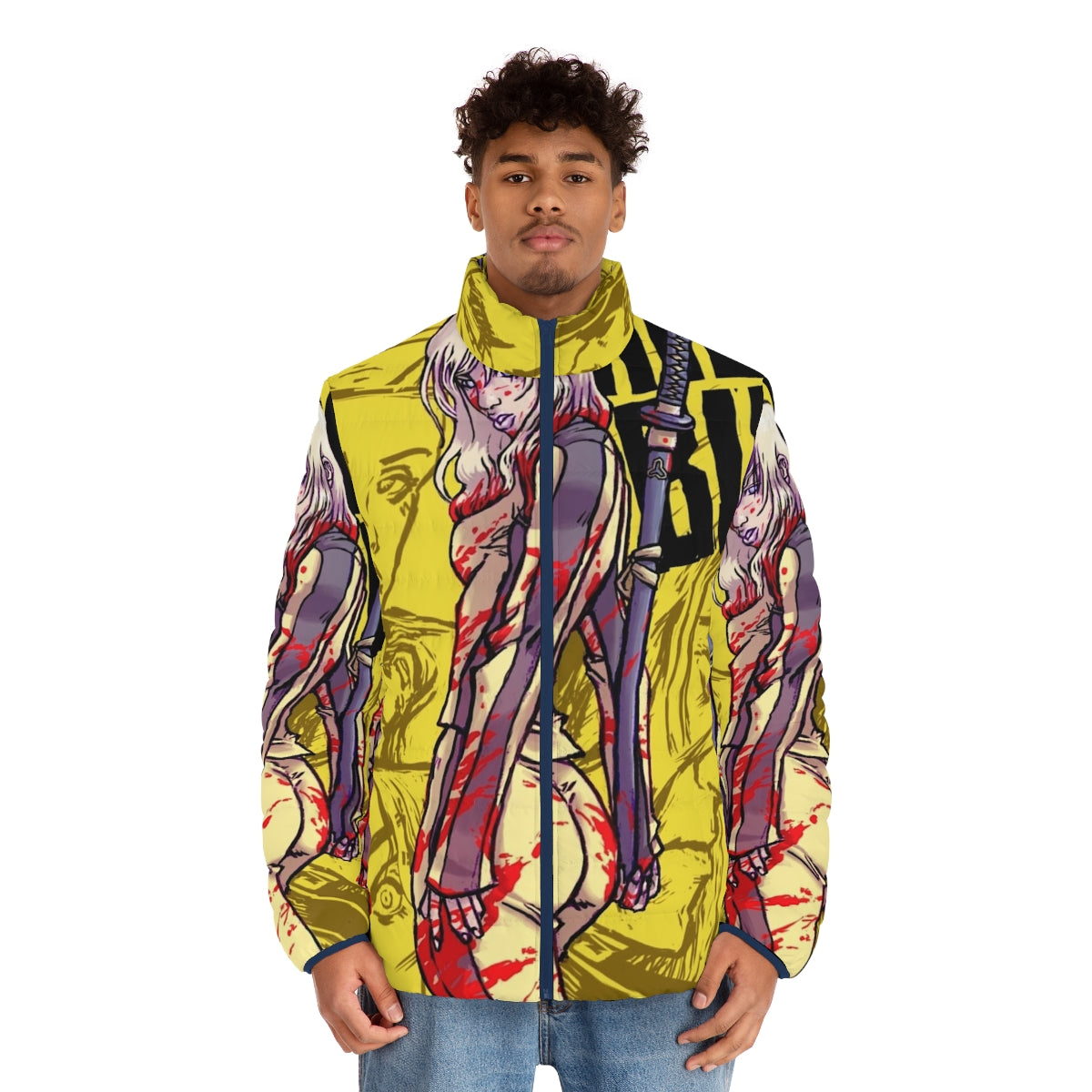 Kill Bill inspired puffer jacket featuring ninja-style design elements - men front