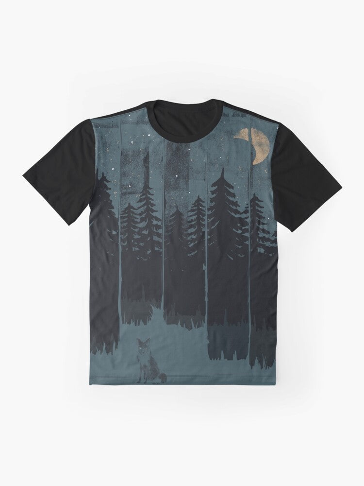 Graphic illustration of a fox in a moonlit forest on a t-shirt - Flat lay