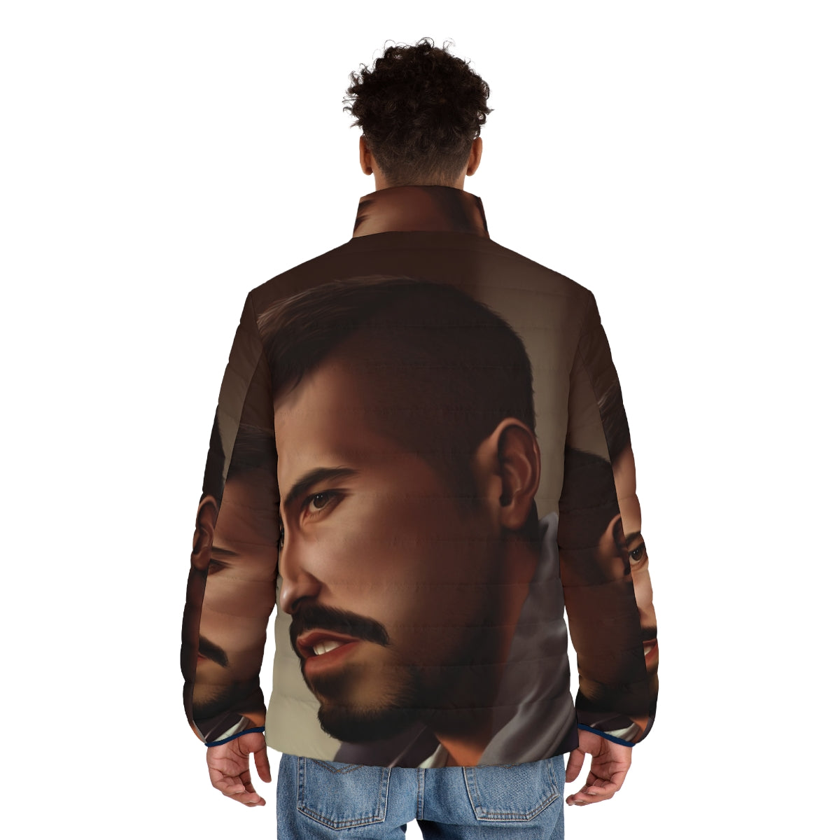 Yuri Boyka portrait puffer jacket inspired by the action movie hero - men back