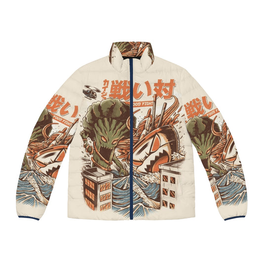 A stylish puffer jacket featuring a design of ramen kaiju fighting broccoli, perfect for anime and food lovers.