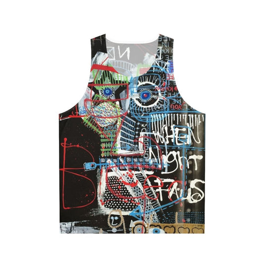 Contemplative unisex tank top with abstract art