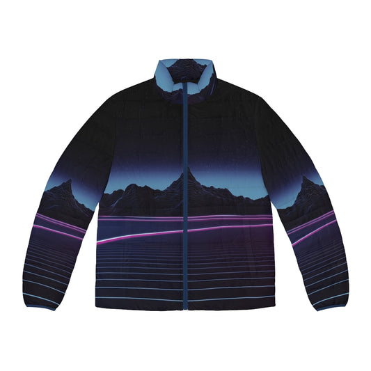 Retro highway puffer jacket with outrun, synthwave, and vaporwave design