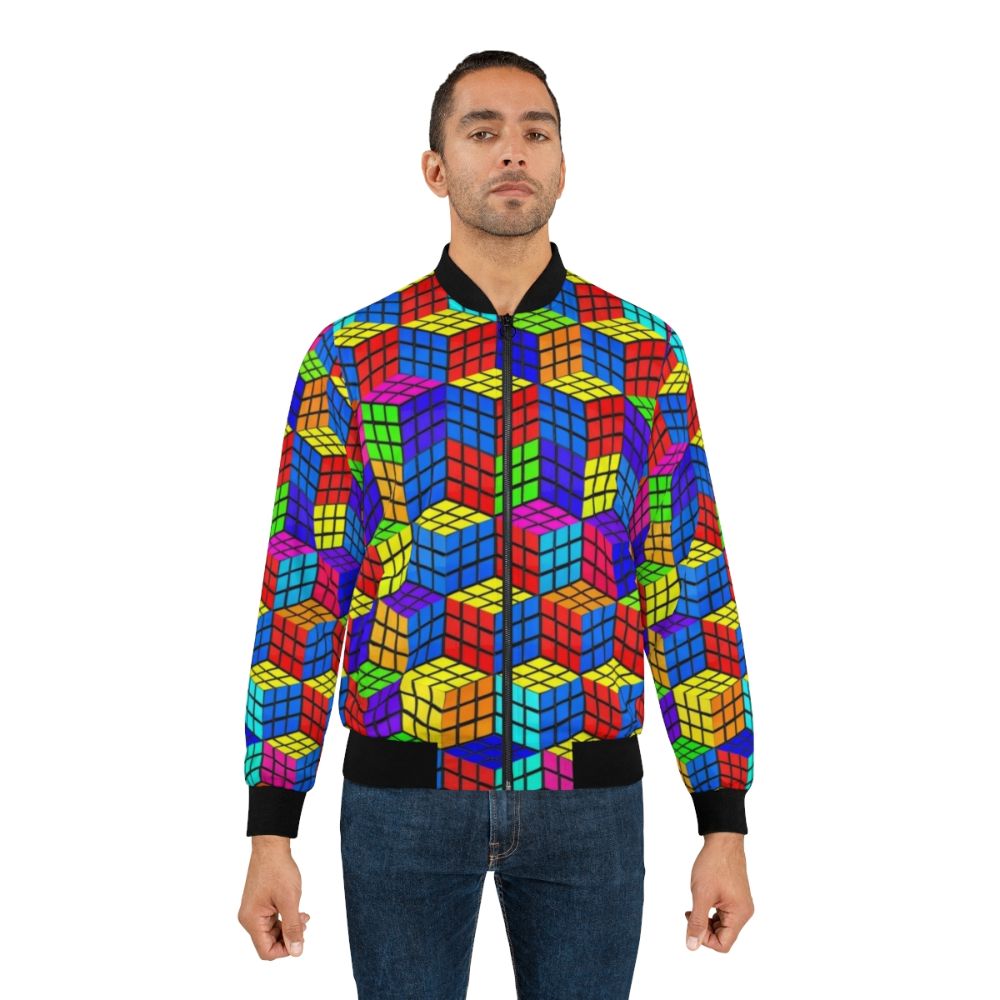 Colorful retro bomber jacket with Rubik's cube and Escher-inspired illusion design - Lifestyle