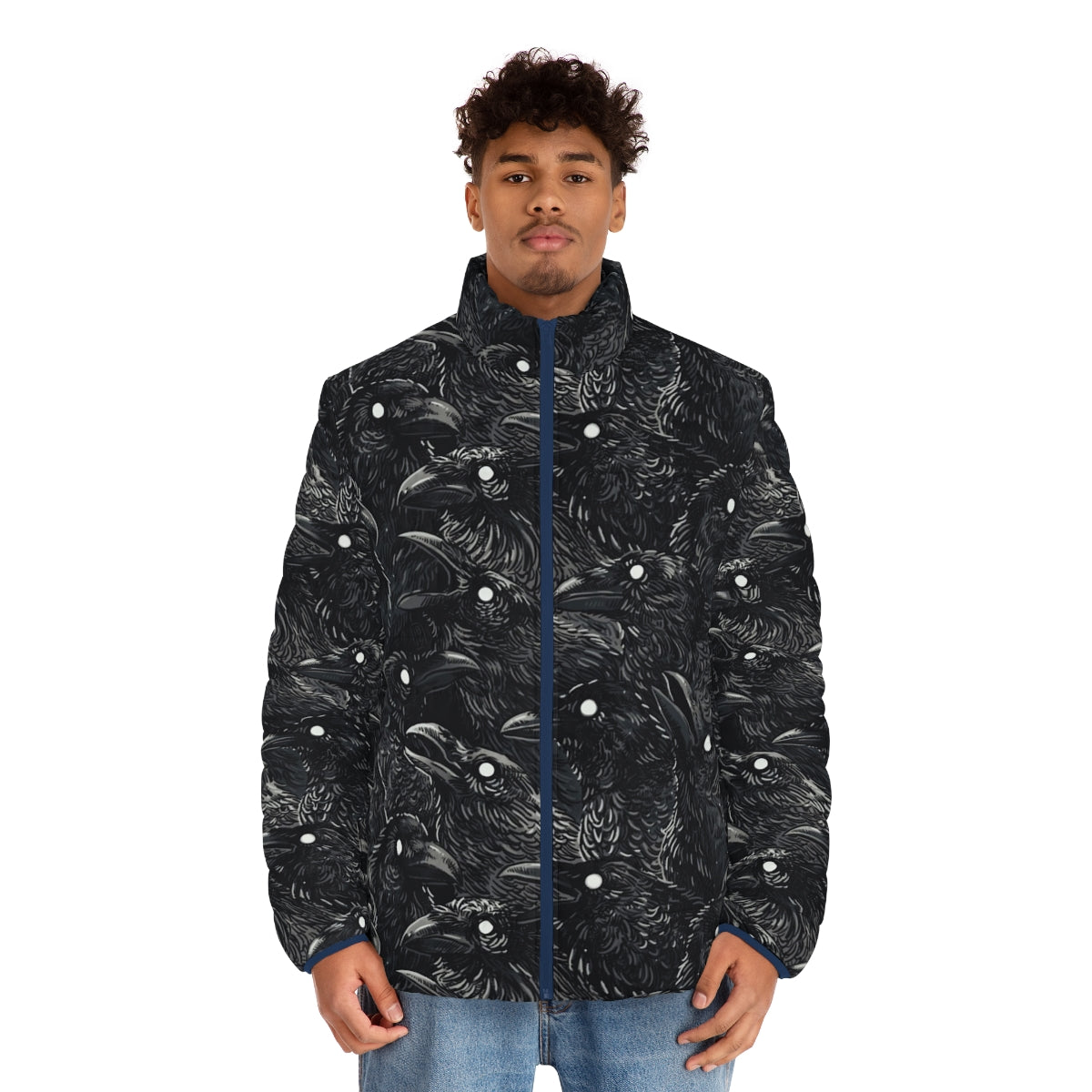 Raven pattern 2 puffer jacket with gothic and spooky design - men front