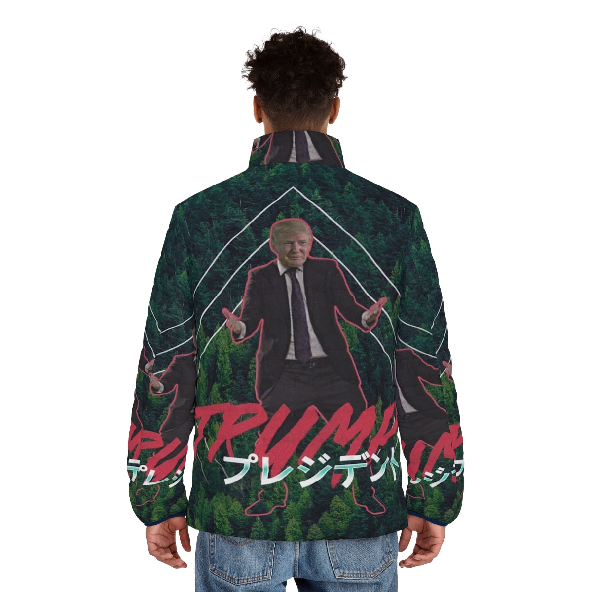 Vaporwave Trump Puffer Jacket with Retro 80s Aesthetic - men back