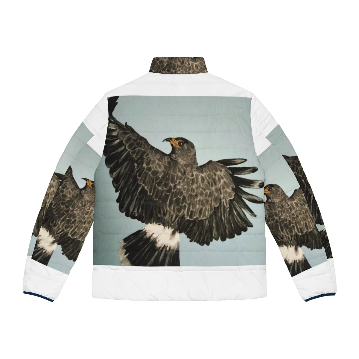 A stylish puffer jacket featuring a hawk or bird of prey design, perfect for outdoor enthusiasts and nature lovers. - Back