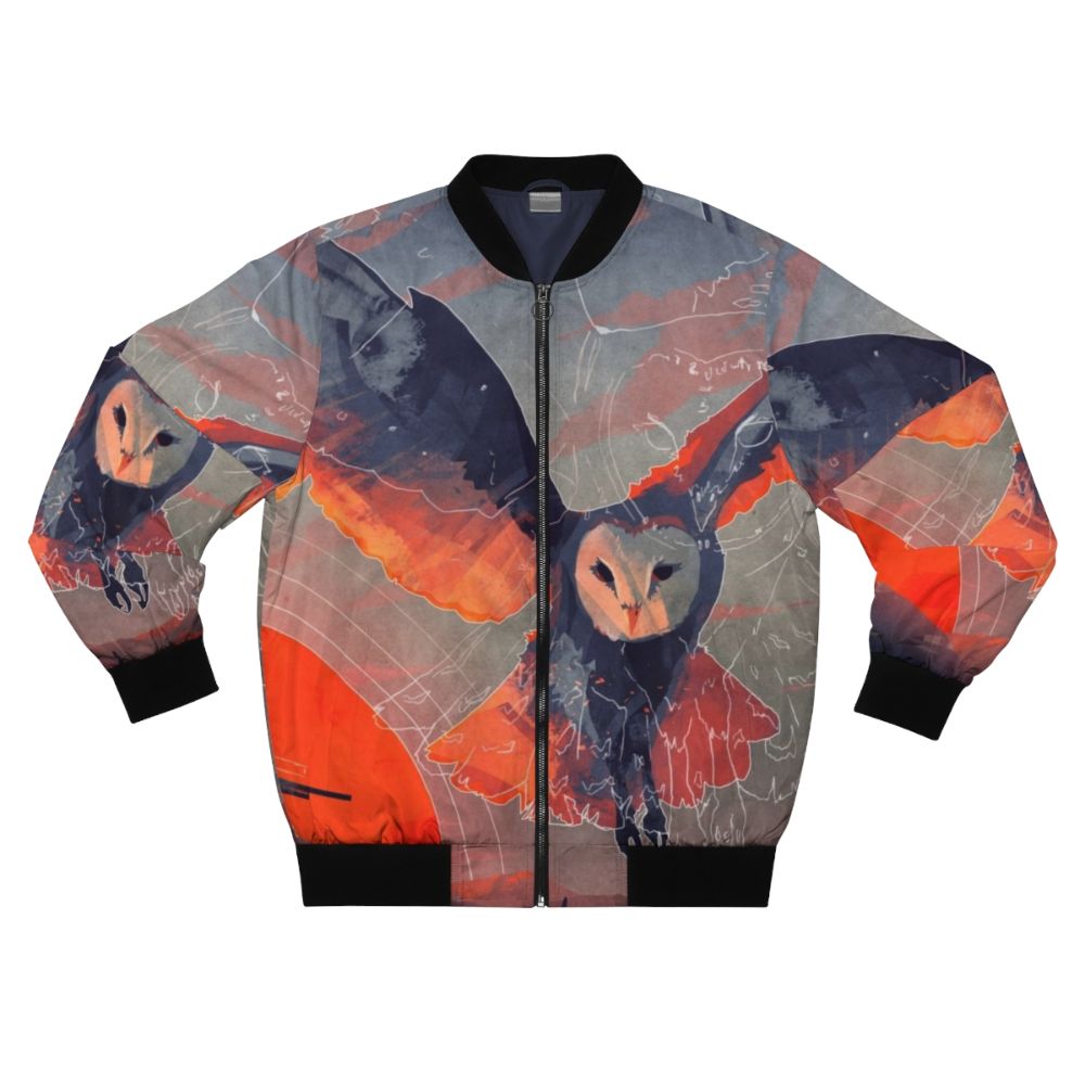 Owl Hunter Bomber Jacket featuring a sunset wildlife art design with a barn owl, talons, and mountains