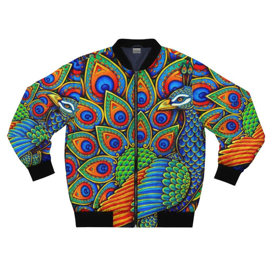 Colorful paisley and peacock printed bomber jacket