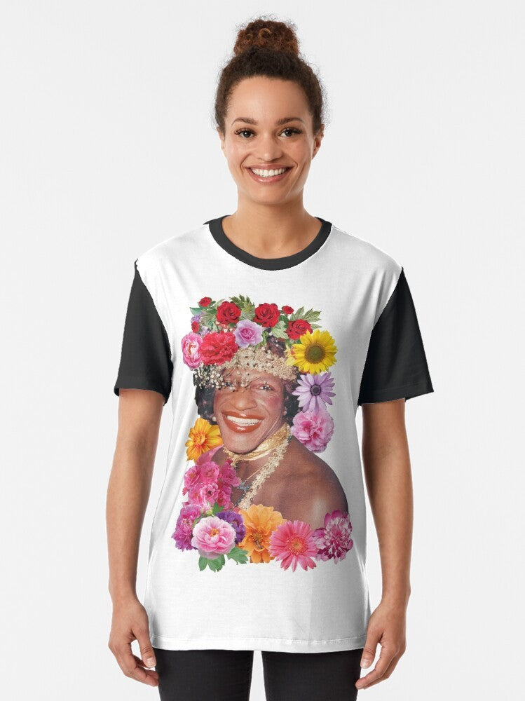 Marsha P. Johnson Floral Tribute T-Shirt featuring an inspiring graphic design honoring the LGBTQ+ activist and icon. - Women