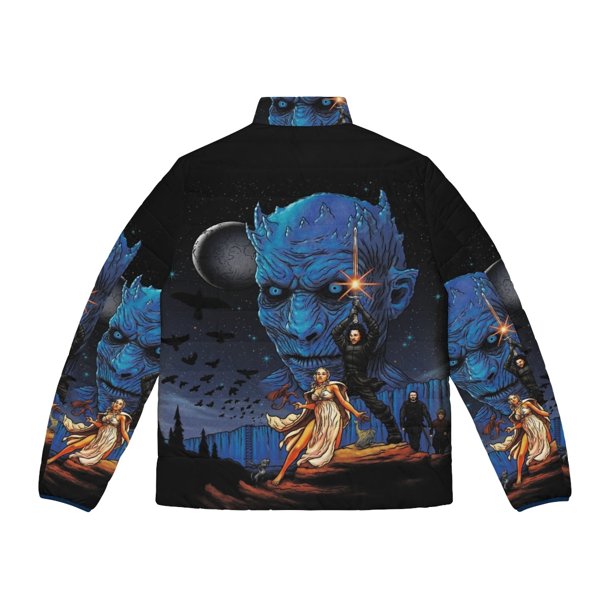 Throne Wars Puffer Jacket featuring a dragon, night king, and other Game of Thrones elements - Back