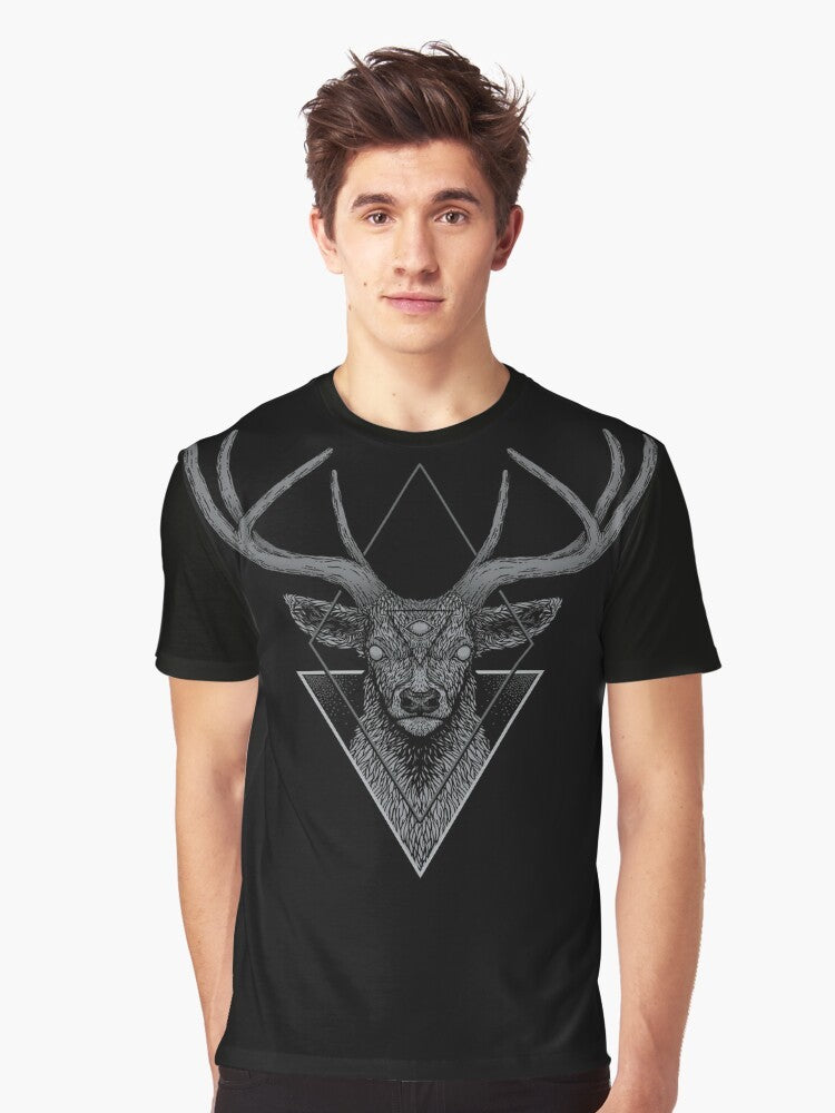 Dark Deer Graphic T-Shirt featuring a geometric animal design - Men