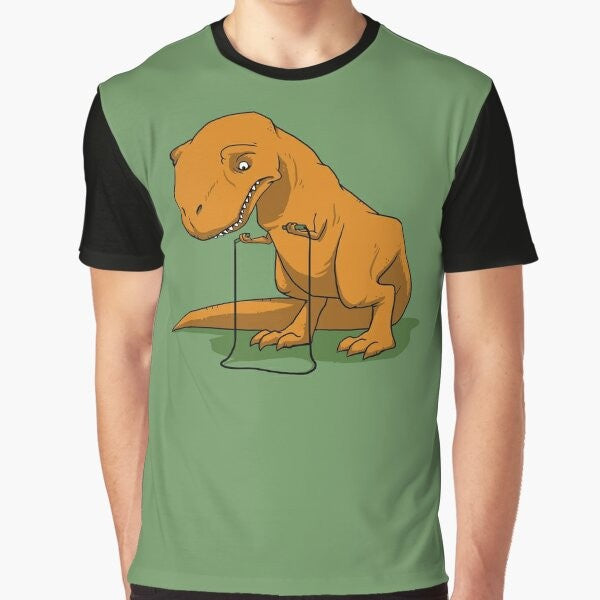 Graphic t-shirt design featuring a T-Rex dinosaur with tiny arms jumping a jump rope.