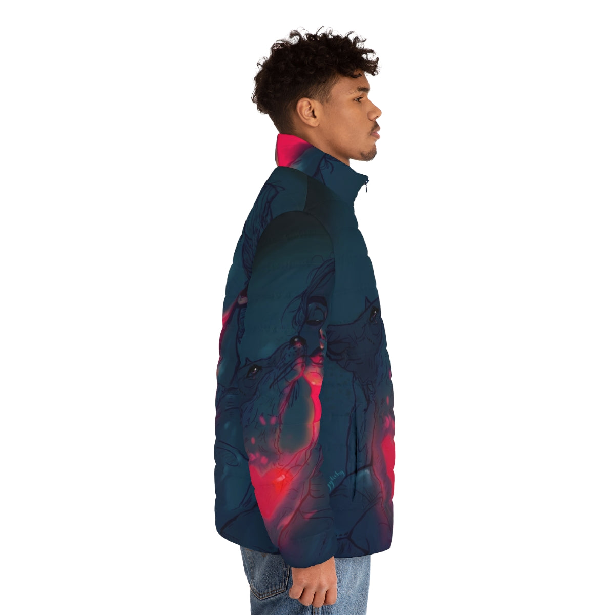 Glowstick Party Puffer Jacket with Vibrant Blue and Black Swirling Lights - men side right