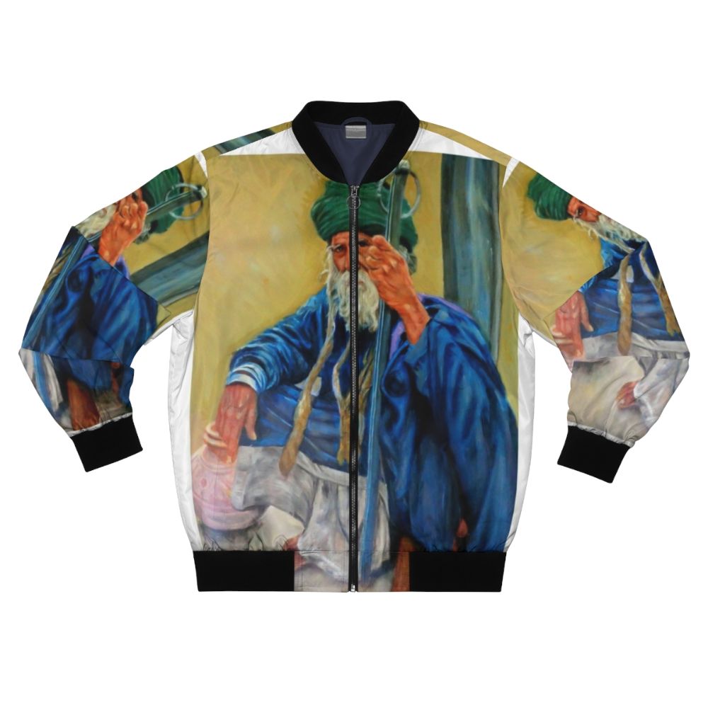 Indian man wearing a bomber jacket with a portrait design