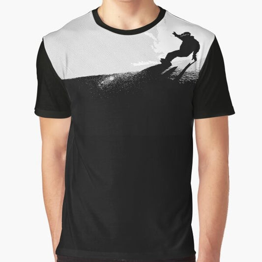 Snowboarding downhill graphic t-shirt featuring mountain and snow imagery