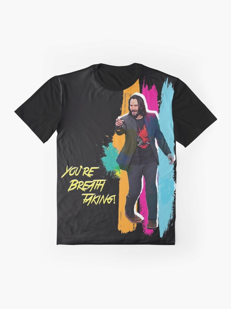 "You're Breathtaking" Keanu Reeves Cyber Punk Graphic T-Shirt with Vivid Rainbow Colors - Flat lay