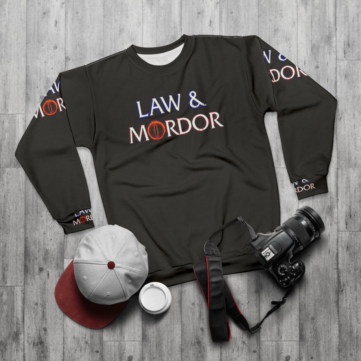 Lord of the Rings inspired "Law and Mordor" sweatshirt - flat lay